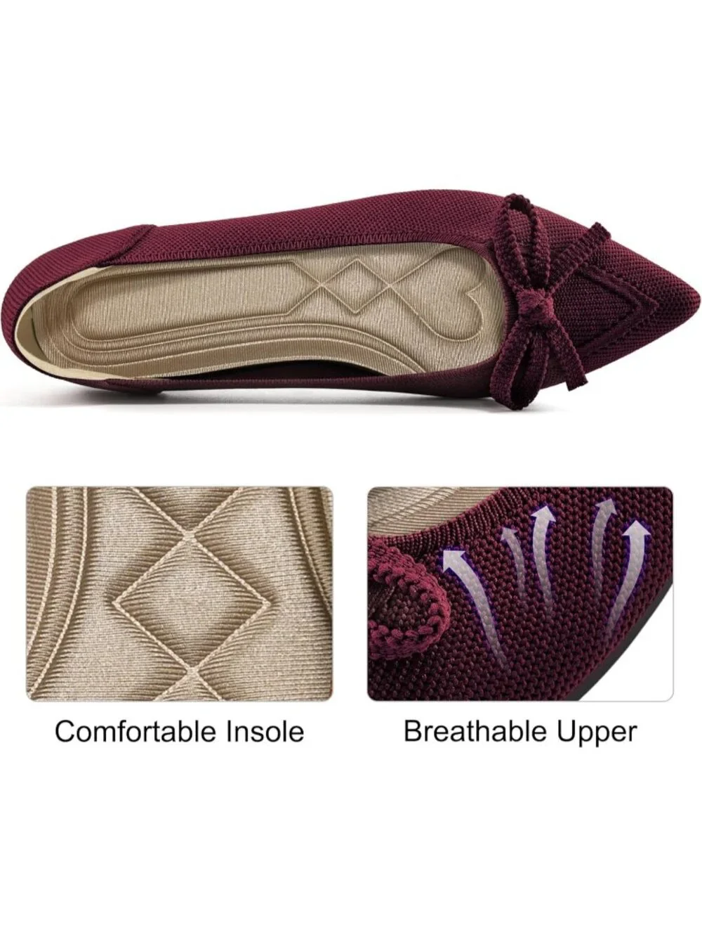 Women Wine Red Ballet Flats Shoes Dressy Pointed Toe Bow Knit Flats Comfortable